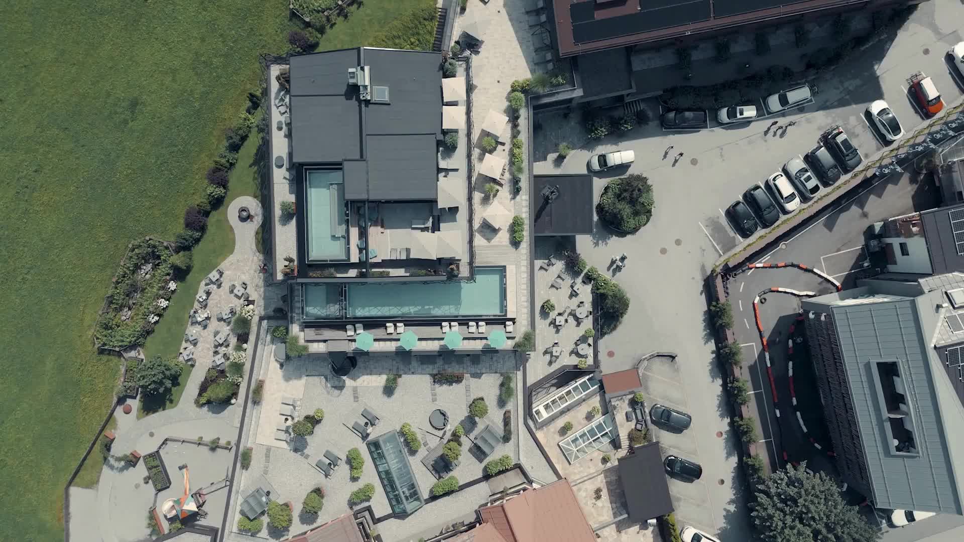 Hotel HOCHKÖNIGIN from above with a drone - pools, sun terraces and surroundings in summer