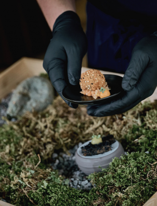 Chef presents a small, finely arranged appetizer on a moss tray